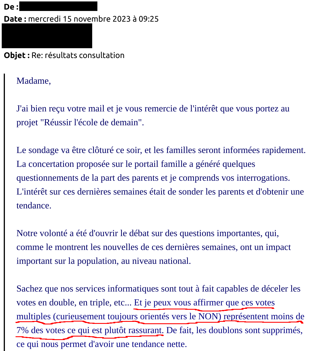 Capture d'écran d'un email reçu par une maman d'élève annonçant que 7% des bulletins envoyés étaient de faux bulletins.